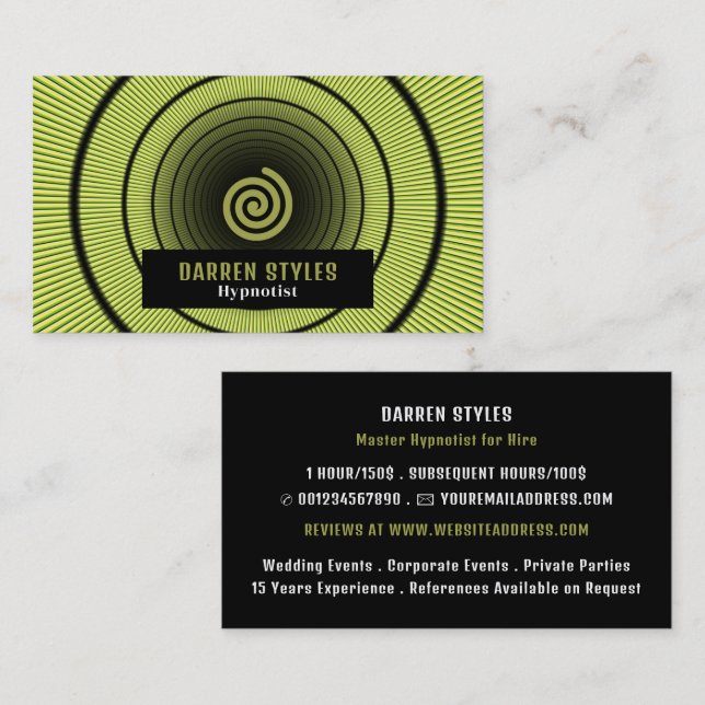 Carte De Visite Hypnose Spirale, Hypnotist Event Entertainer (Devant / Derrière)