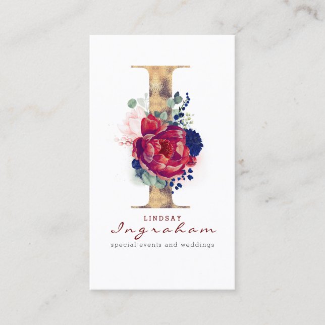 Carte De Visite I Monogram Burgundy Gold et Navy Blue Floral (Devant)