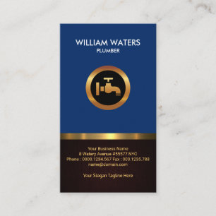 Carte De Visite Icône dorée du plombier Grains de bois bleu rét