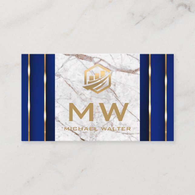 Carte De Visite Icône Fin Tech | Blanc marbre | Détails Gold Blue (Devant)