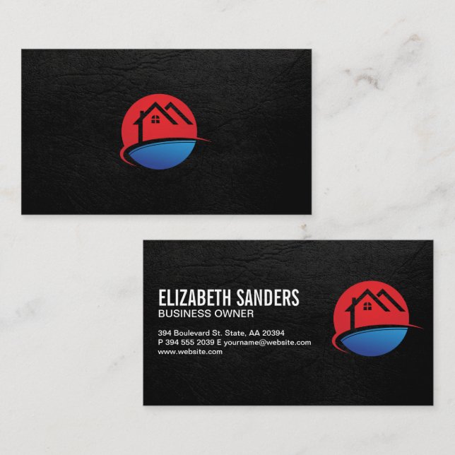 Carte De Visite Icône Immobilier | Black Leather Executive (Devant / Derrière)