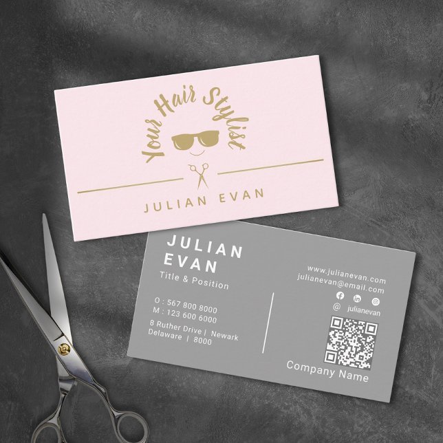 Carte De Visite Icône moderne chic Blush Rose & Gold Hair Styliste (Modern Chic Icon Blush Pink & Gold Hair Stylist Business Card)