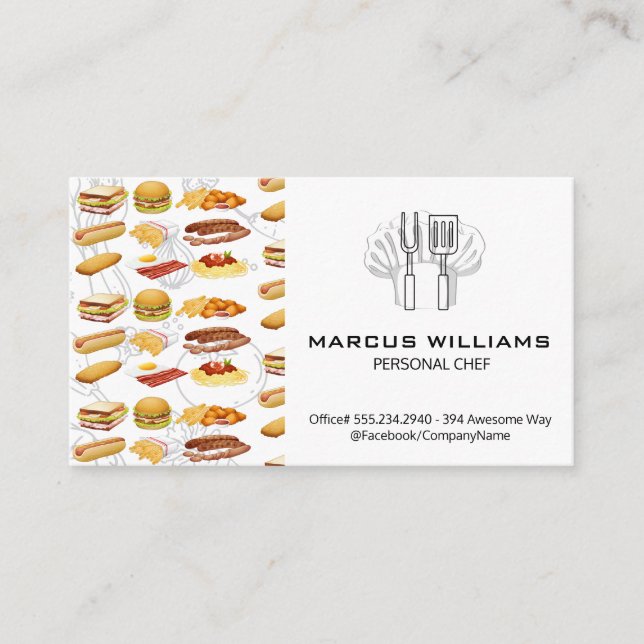 Carte De Visite Icônes alimentaires | Casquette chef et outils de  (Devant)