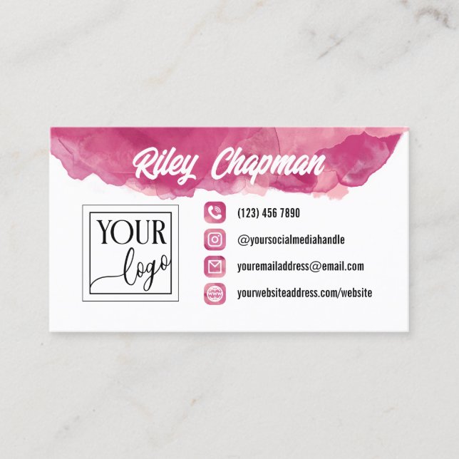 Carte De Visite Icônes Fuchsia Aquarelle Ajouter Logo & Photo (Devant)