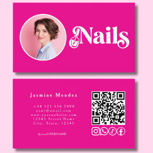 Carte De Visite Icônes Sociaux Code QR Ongles Photo Rose Vibrant 