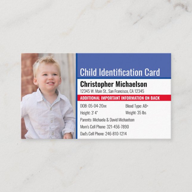 Carte De Visite Identification de l'enfant photo d'une allergie d' (Devant)