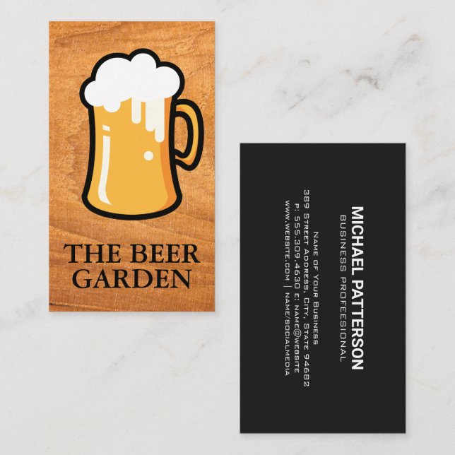 Carte De Visite Illustration Beer Mug | Arrière - plan de bois (Devant / Derrière)