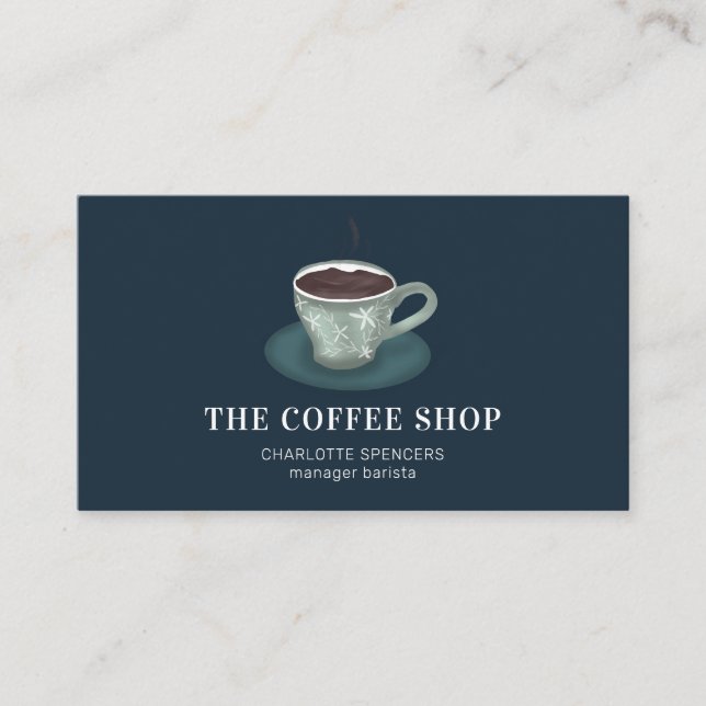 Carte De Visite Illustration bleue du joli café vert moderne (Devant)
