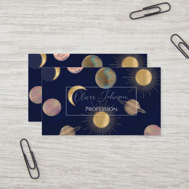 Carte De Visite Illustration Blue Gold Sun Moon Planètes Space (Devant/Arrière en situation)