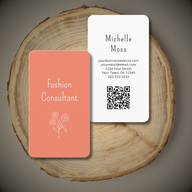 Carte De Visite Illustration Fleur sauvage simple Boho Peach QR co (Créateur téléchargé)