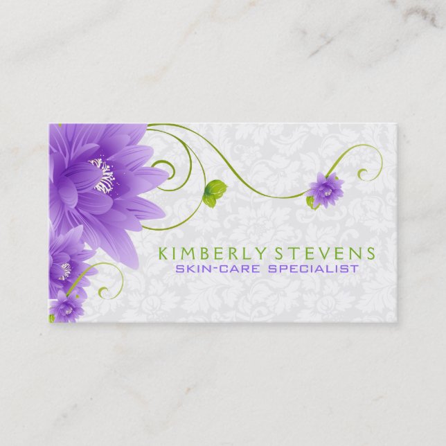 Carte De Visite Illustration Florale Violette Blanche Et Verte (Devant)