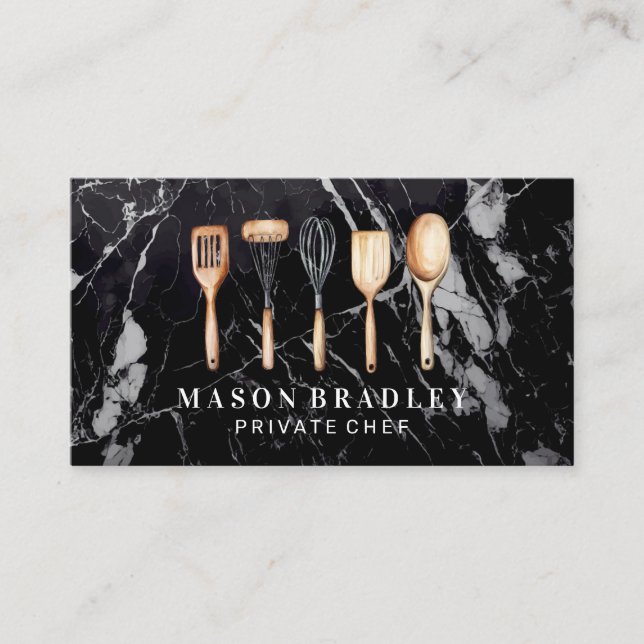 Carte De Visite Illustrations de cuisine en bois | Marbre noir (Devant)