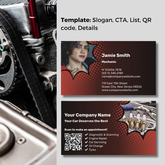 Carte De Visite Image professionnelle avec un mécanicien automobil (Professional Image with a Red Automotive Mechanic Business Card)