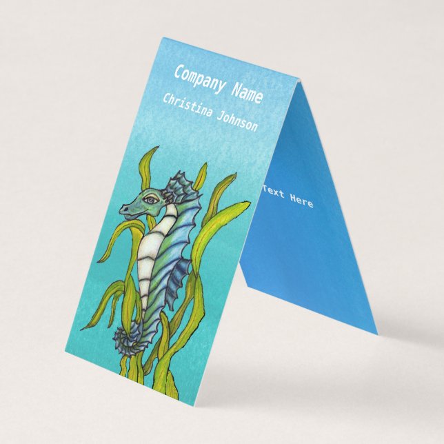 Carte De Visite Imaginaire Aqua Blue Seahorse dans Green Seaweed (Devant)
