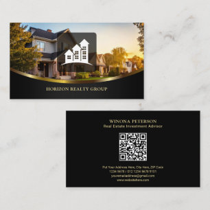 Carte De Visite Immobilier avec photo maison, Accent or, Code QR