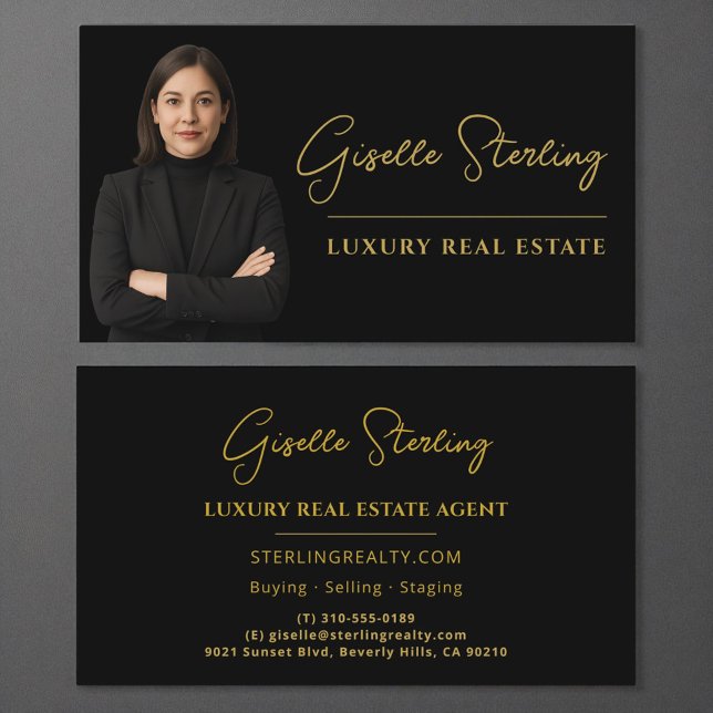 Carte De Visite Immobilier Black Gold Script de luxe professionnel (Créateur téléchargé)