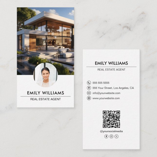 Carte De Visite Immobilier Blanc Photo QR Code Médias sociaux (Devant / Derrière)