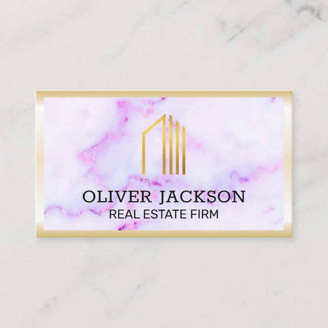 Carte De Visite Immobilier | Bordure Gold Lux | Texte de marbre po (Devant)