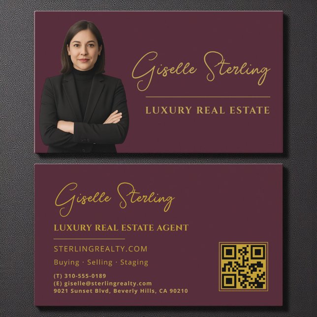 Carte De Visite Immobilier Bourgogne Or QR Code Script Luxe (Créateur téléchargé)