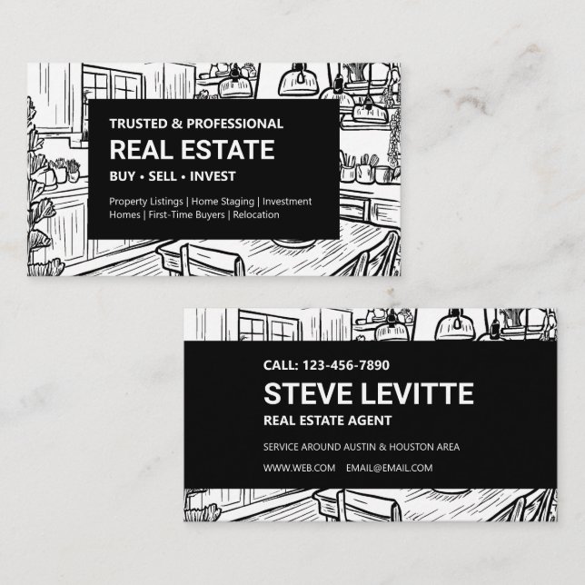 Carte De Visite Immobilier intérieur noir et blanc (Devant / Derrière)