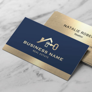 Carte De Visite Immobilier Maison & clé Logo Marine & Gold Realtor