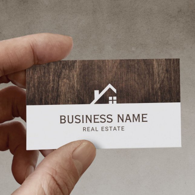 Carte De Visite Immobilier Moderne Logo Maison Élégante Bois foncé (Créateur téléchargé)