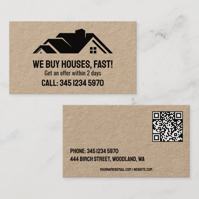 Carte De Visite 🏡 Immobilier Nous Achetons Maisons QR Kraft (Devant / Derrière)