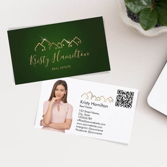 Carte De Visite immobilier professionnel ajouter photo code QR (gold roof house realtor logo)