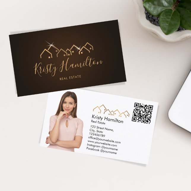 Carte De Visite immobilier professionnel ajouter photo code QR (gold roof house realtor logo)