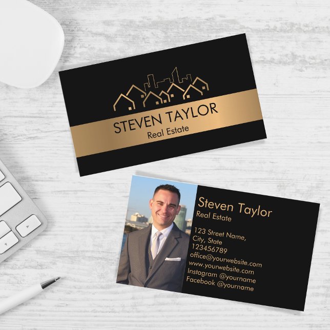 Carte De Visite immobilier professionnel moderne ajouter photo (gold house roof city skyline)