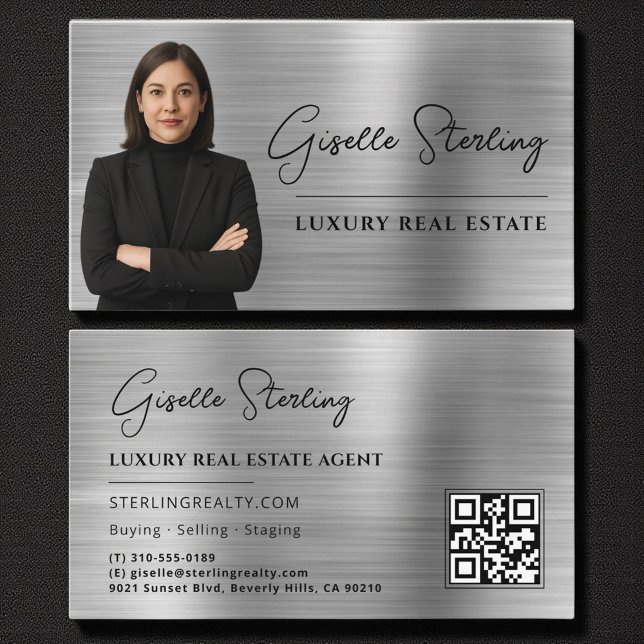 Carte De Visite Immobilier QR Code Photo Faux Silver Metallic (Créateur téléchargé)