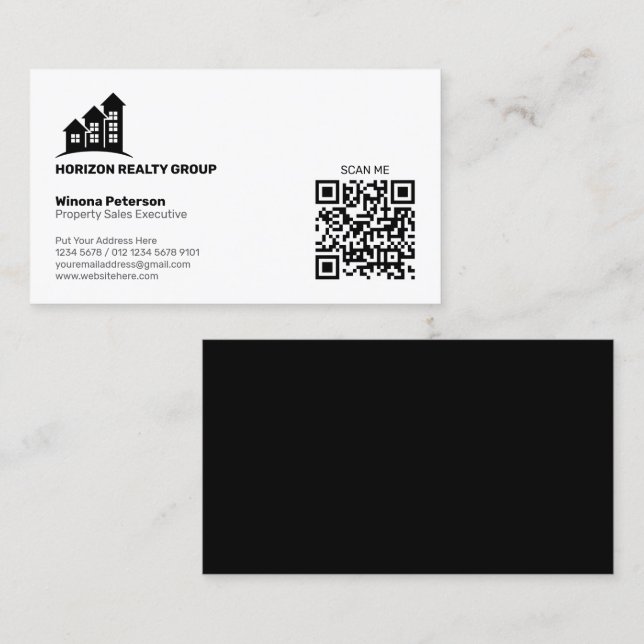 Carte De Visite Immobilier simple noir et blanc QR Code One Side (Devant / Derrière)