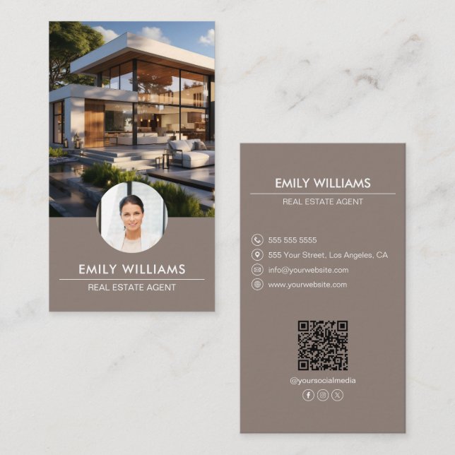 Carte De Visite Immobilier Taupe Photo QR Code Social Media (Devant / Derrière)