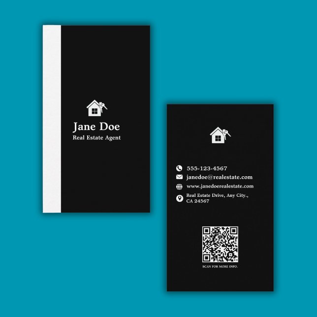 Carte De Visite Immobilier Vertical Noir Blanc (Modern Vertical Black White Real Estate Business Card)