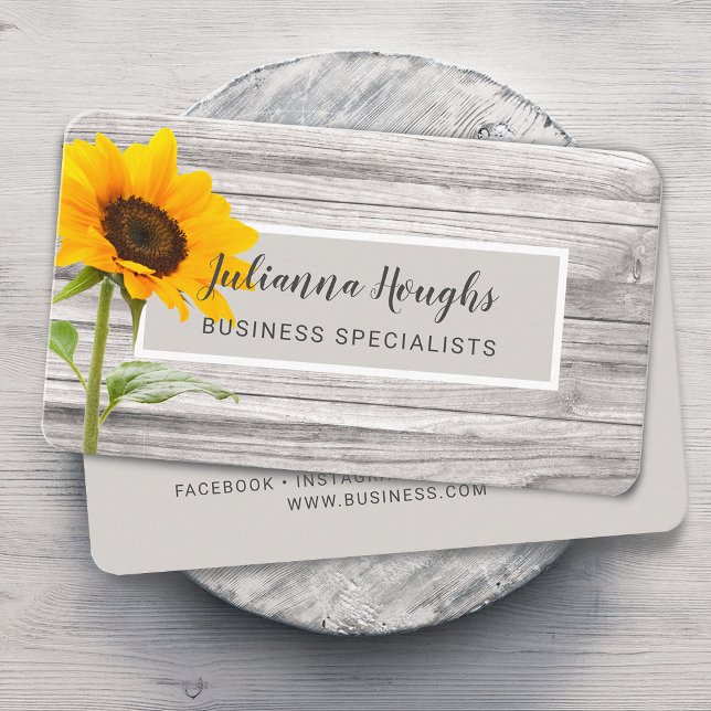 Carte De Visite Impression de tournesol en bois rustique (Rustic Faux Wood Texture Sunflower Business Card)