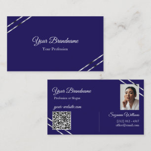 Carte De Visite Indigo Bleu avec Lignes Argentées Photo et Code QR