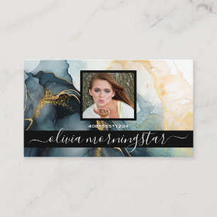 Carte De Visite Indigo et Gold Dark Fluid Ink QR et photo