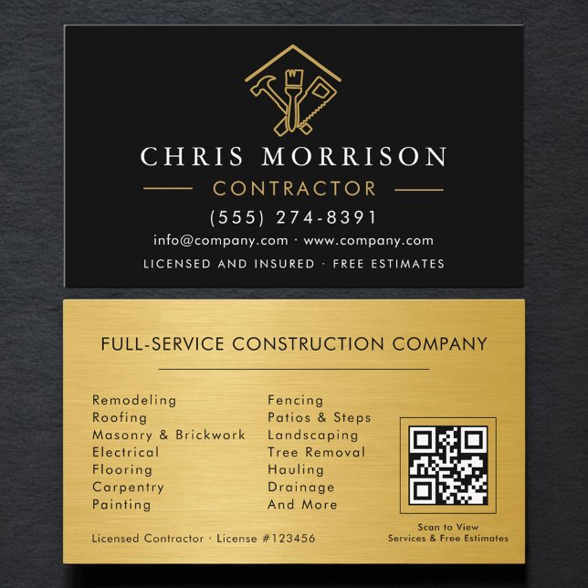 Carte De Visite Industrial Home Improvement QR Code Black Gold  (Créateur téléchargé)