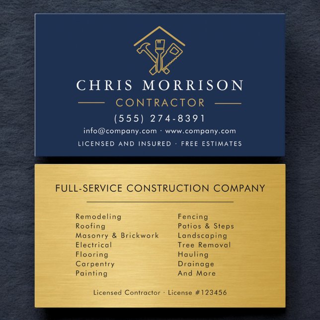 Carte De Visite Industrial Navy Blue Gold Metal Home Improvement (Créateur téléchargé)