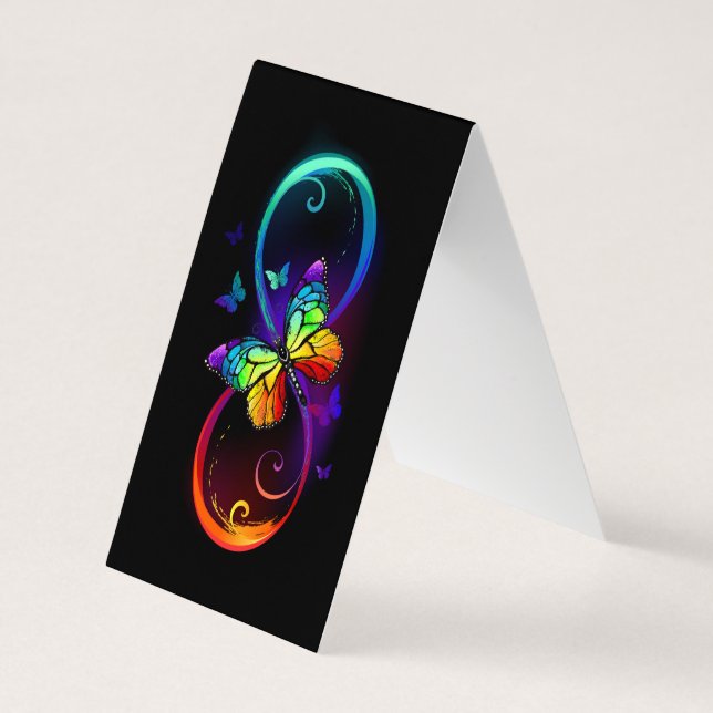 Carte De Visite Infini vibrant avec papillon arc-en-ciel sur noir (Dos)