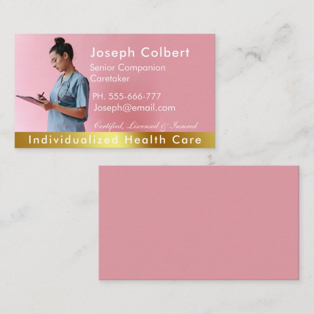 Carte De Visite Infirmière aidante Rose moderne Or Médicale (Devant / Derrière)