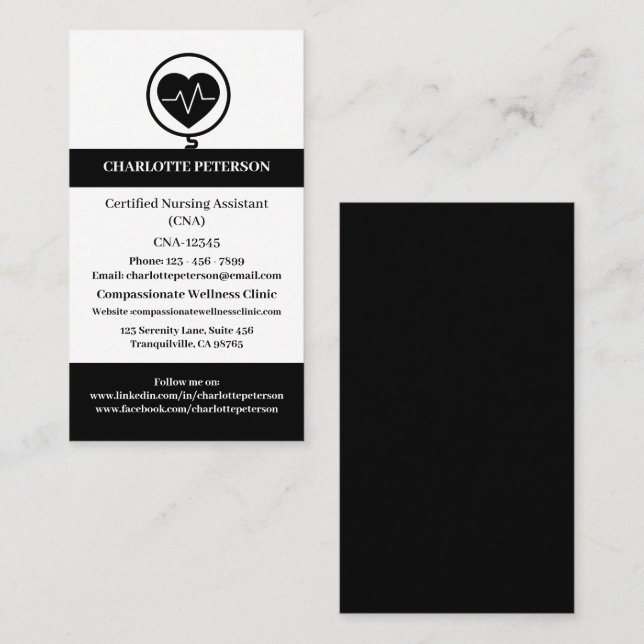 Carte De Visite Infirmière moderne Noir & Blanc CNA (Devant / Derrière)
