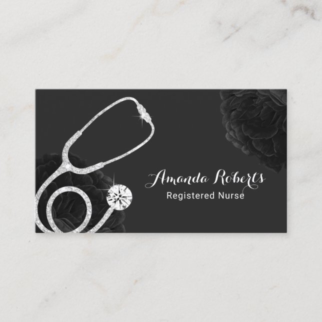 Carte De Visite Infirmière soignante Médicale Élégante florale noi (Devant)