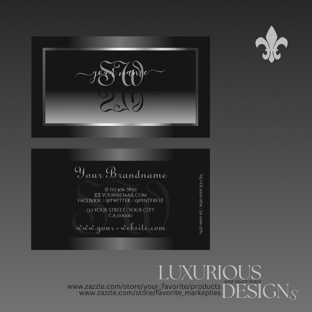 Carte De Visite Initiales de cadre noir blanc dégradé argent (Créateur téléchargé)