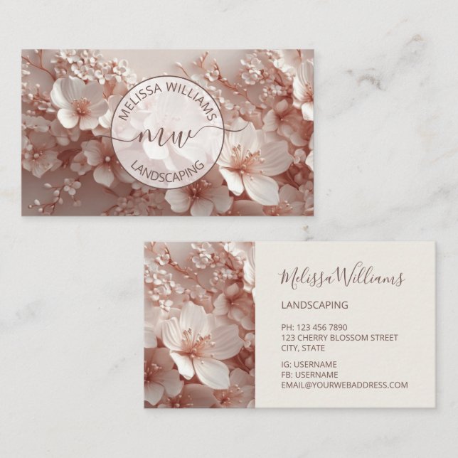 Carte De Visite Initiales de logo Fleurs 3D Rouge Clair (Devant / Derrière)