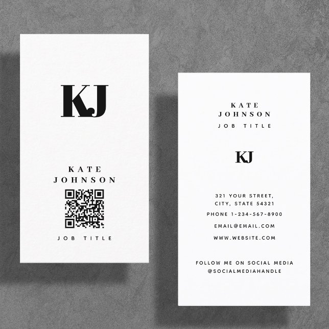 Carte De Visite Initiales de monogramme solide moderne Code QR (Créateur téléchargé)