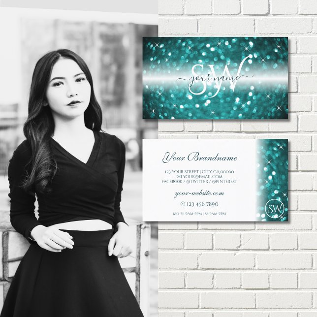 Carte De Visite Initiales de Parties scintillant Turquoise brillan (Créateur téléchargé)