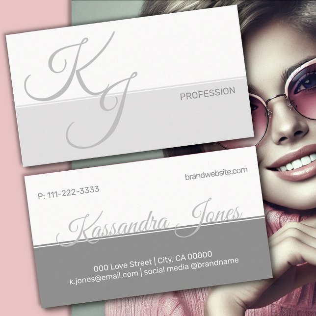 Carte De Visite Initiales de police minimaliste gris blanc (Créateur téléchargé)