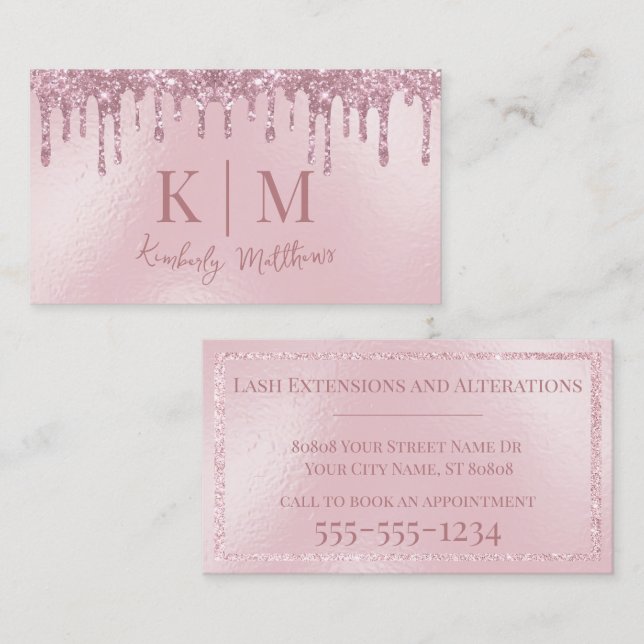 Carte De Visite Initiales Monogrammes de Parties scintillant rose- (Devant / Derrière)
