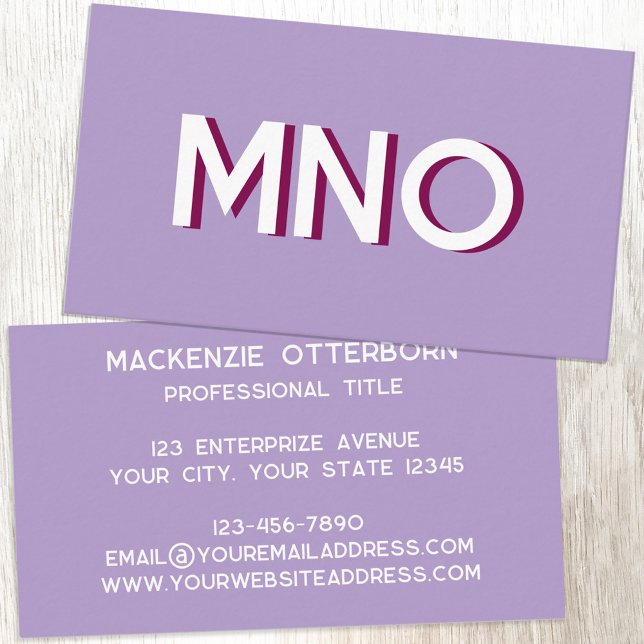 Carte De Visite Initiales Monogrammes modernes ombre portée (Modern drop shadow monogram initials business card in lilac purple)